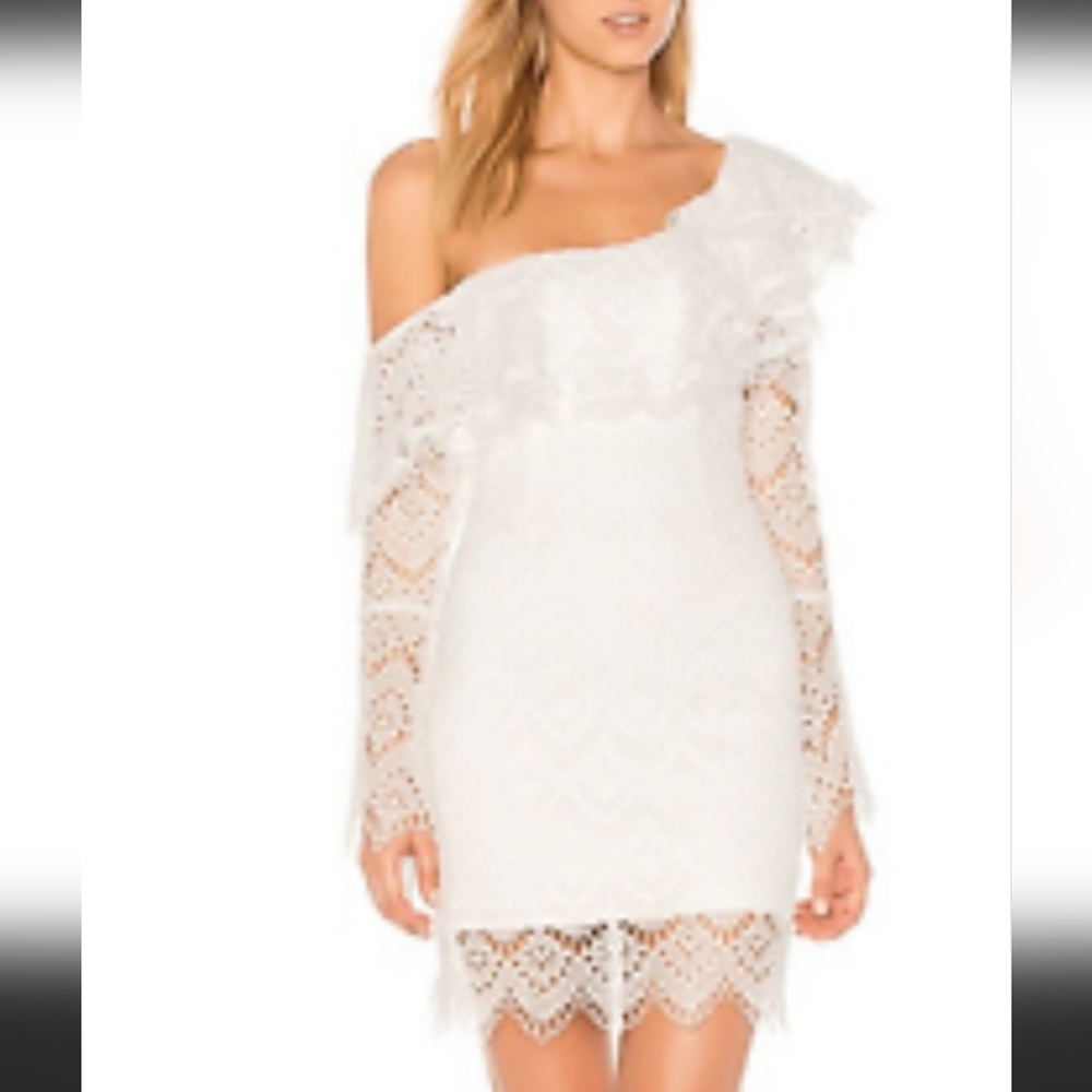 Nicholas Antique Lace One Shoulder Dress White Mini Lace Bell Sleeve